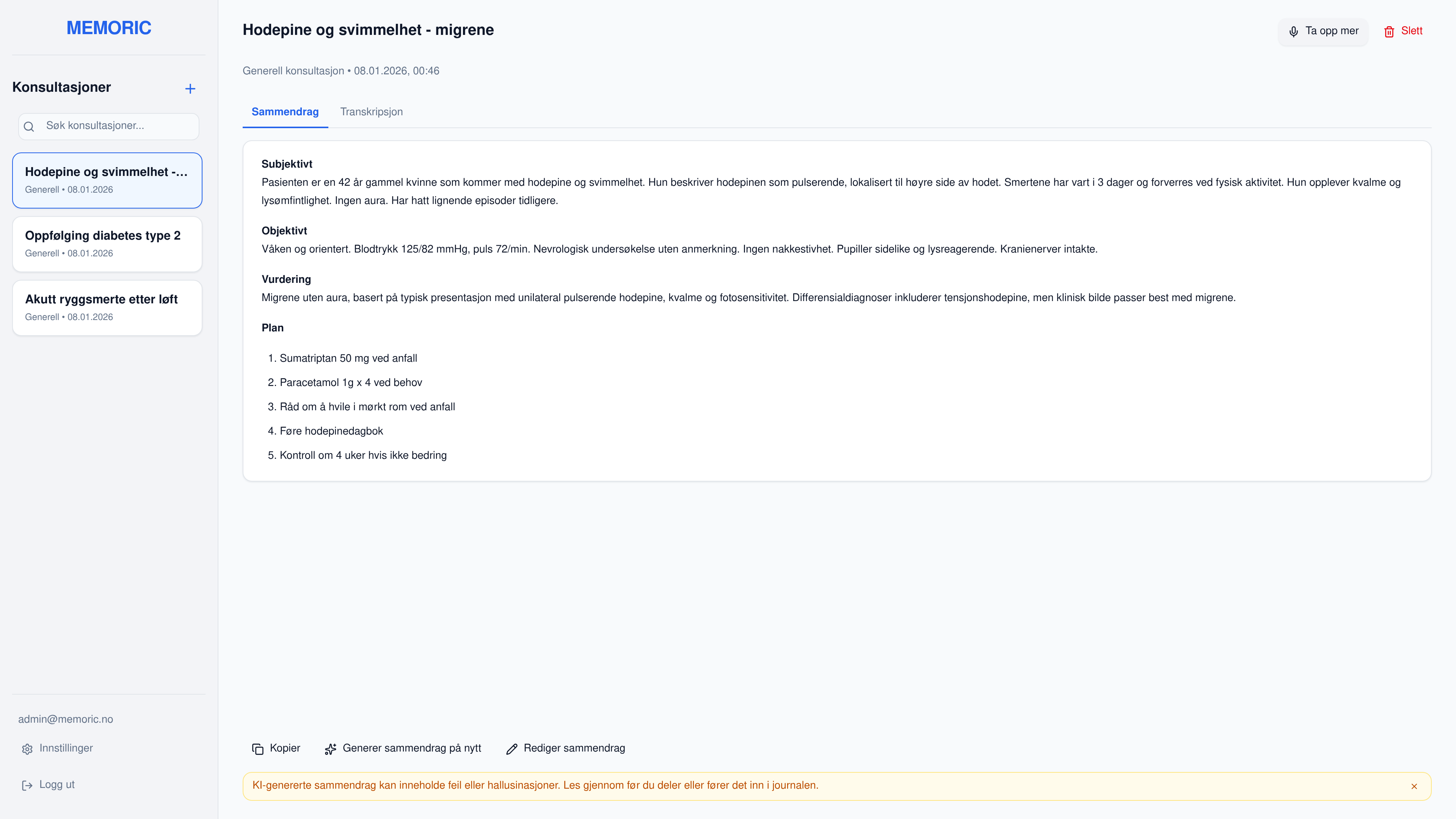 Memoric dashboard med konsultasjoner